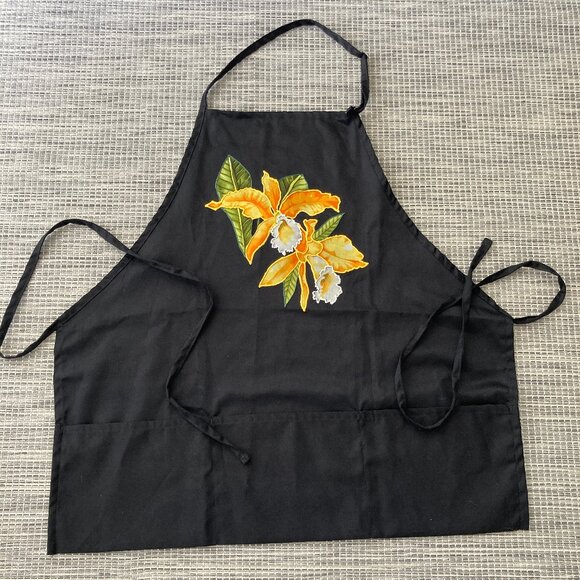 KNG Black Hand Painted Long Kitchen Apron with Pockets and Adjustable Straps - Picture 2 of 9